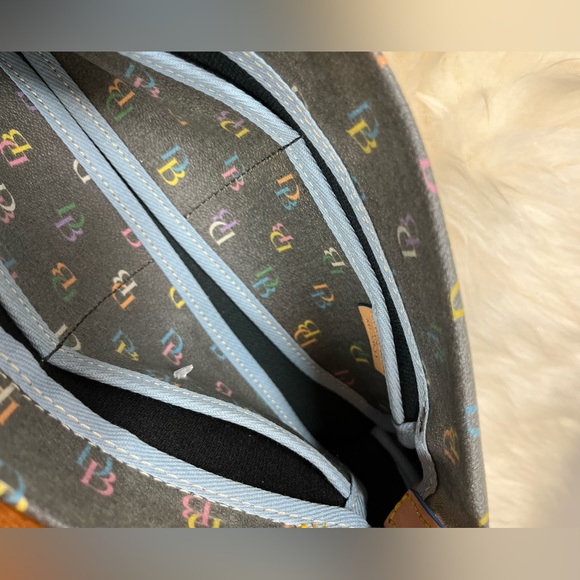 Dooney & Bourke “ Vintage It Bag” Leather Baguette Rainbow Monogram Blue Trim - Picture 13 of 17